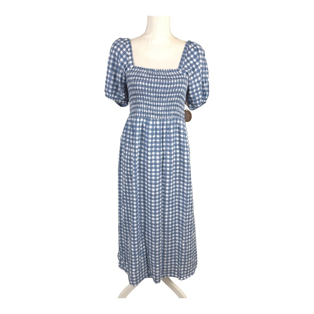Dip Blue White Gingham Dress Small Midi Smocked Puff Sleeve Cottage Eco Friendly